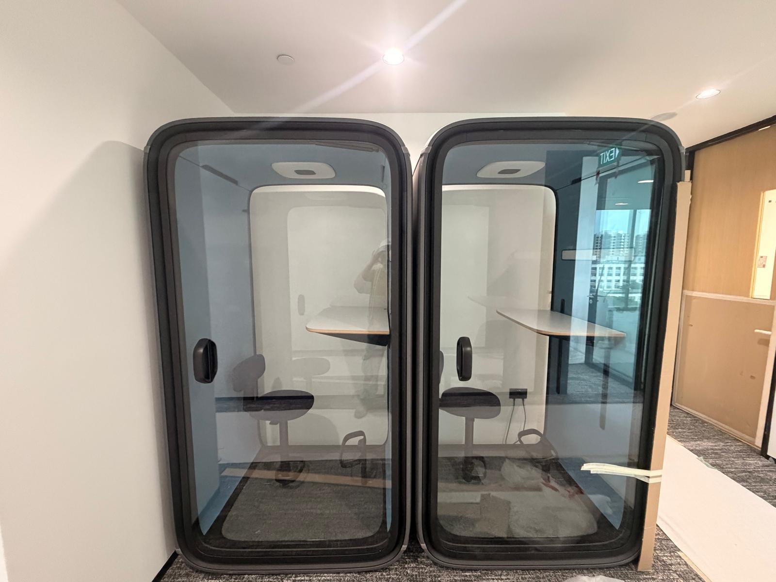 Acoustic office phone booths wired with power and LAN data points, Singapore office fit-out